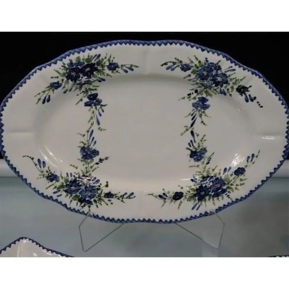 Vintage Tidbit Tray 7 Pc XL Dish Set White Blue Flowers Hand Painted Greece
